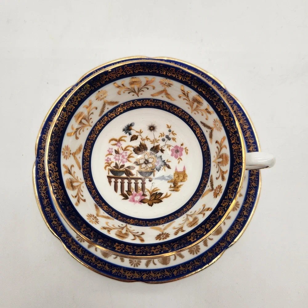 Royal Grafton Rare Fine Bone China 1840 Tea Cup Saucer Cobalt Blue Gilded Floral